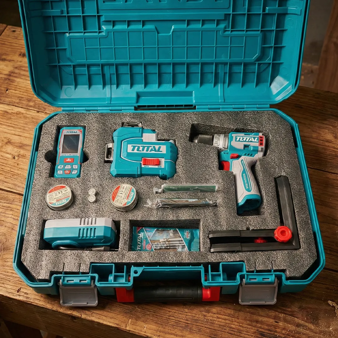 TOTAL TOSLI250101E Profesyonel 3'lü Ölçüm ve Montaj Seti (Darbeli Matkap + 3D Lazer + 100m Lazer Metre)