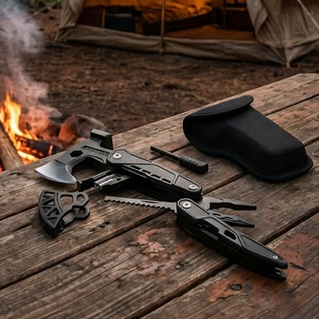 18'i 1 Arada Paslanmaz Çelik Çok Amaçlı Kamp Aleti (Balta, Çekiç, Pense Seti)